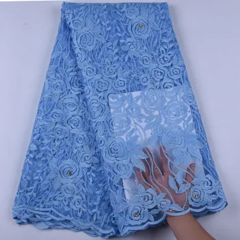 

French Sky white Lace Fabric African Embroidered Tulle Lace Fabric With Stones Nigerian Lace Fabric For Wedding Party Dress DX16