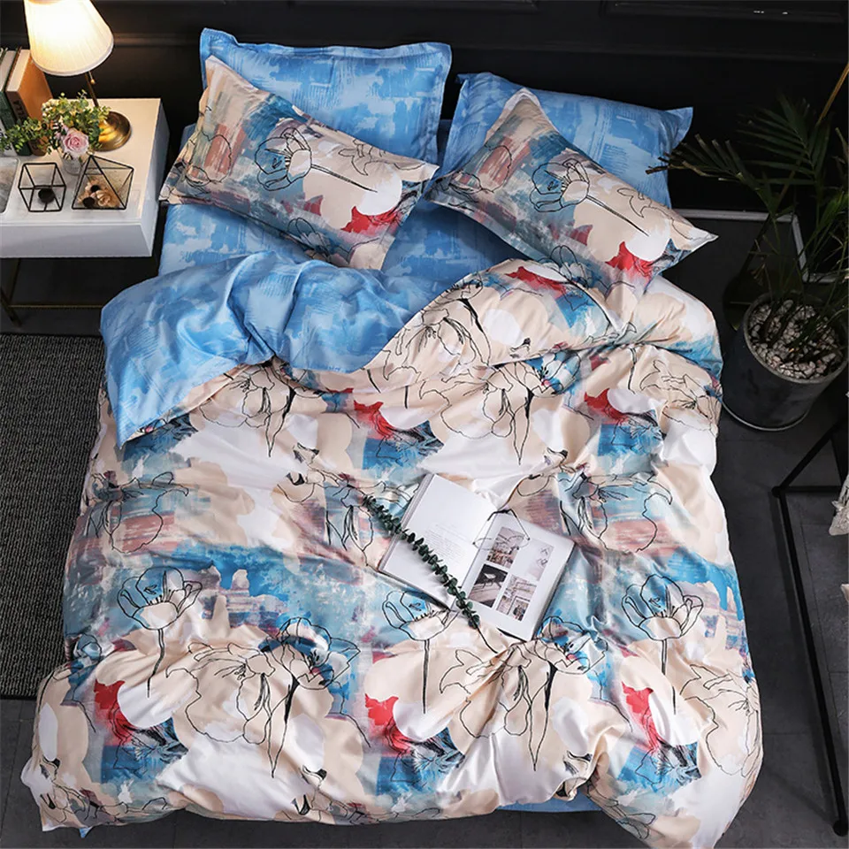 

Japan Size Blue Abstract Flower Double Bed Llinen Reactive Printing Full Size Bedding Sets Brief Bed Sheet 4 Pieces With Elastic