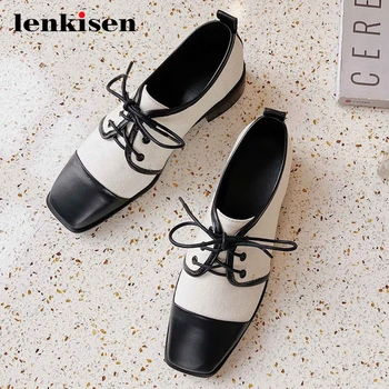 

Lenkisen hot european style cow leather mixed cloth british design square toe thick med heels lace up young lady women pumps L79