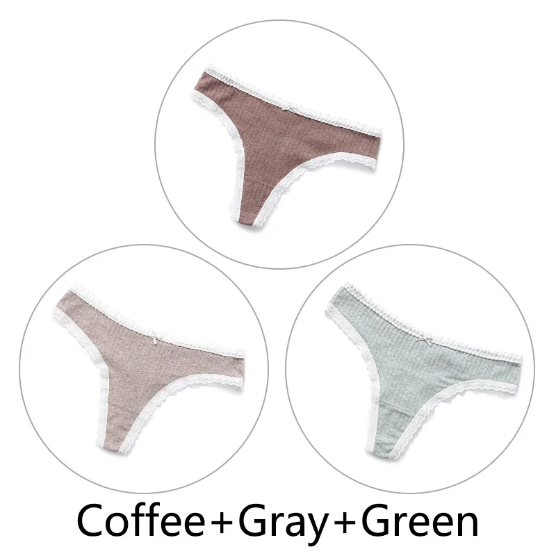 Coffee Gray Green 3 шт., сексуальные женские кружевные стринги, хлопок, бесшовные стринги, нижнее белье, мягкое женское нижнее белье, шелковое антибактериальное белье - Цвет: Coffee Gray Green