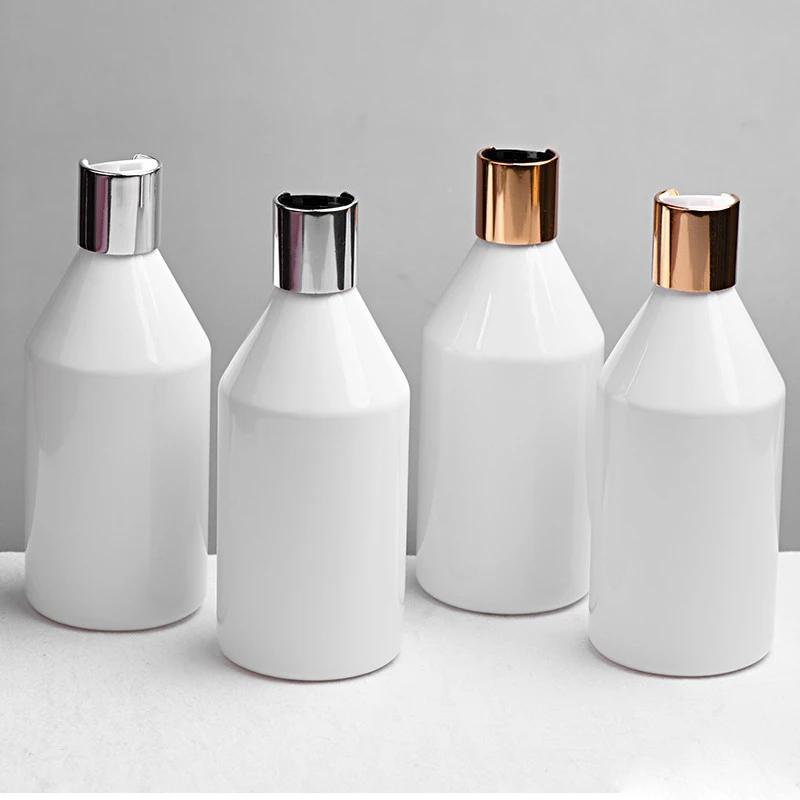

20pcs 300ml White Empty Plastic Shampoo Bottle With Gold/Silver Disc Top Cap,10oz PET Essential Oil Bottles