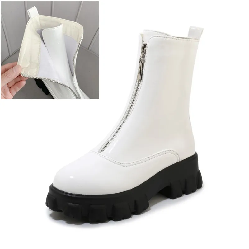 White Autumn PXELENA; большие размеры 34-45; криперы на массивном каблуке и платформе; женские байкерские ботинки из лакированной кожи с молнией спереди в байкерском стиле - Color: White Autumn