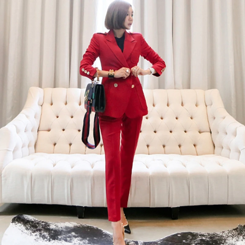 

Office Lady Two Pieces Sets Double Breasted Notched Solid Blazer Jacket + Zipper Pant Work Suit Women Business Pant Suits Outfit
