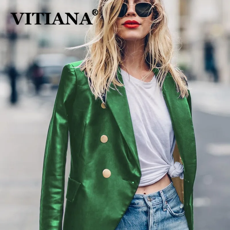 

VITIANA Leather PU Blazers Women Autumn 2019 Female Long Sleeve Buttons Casual Blazer Feminino Womens Blazers and Jackets