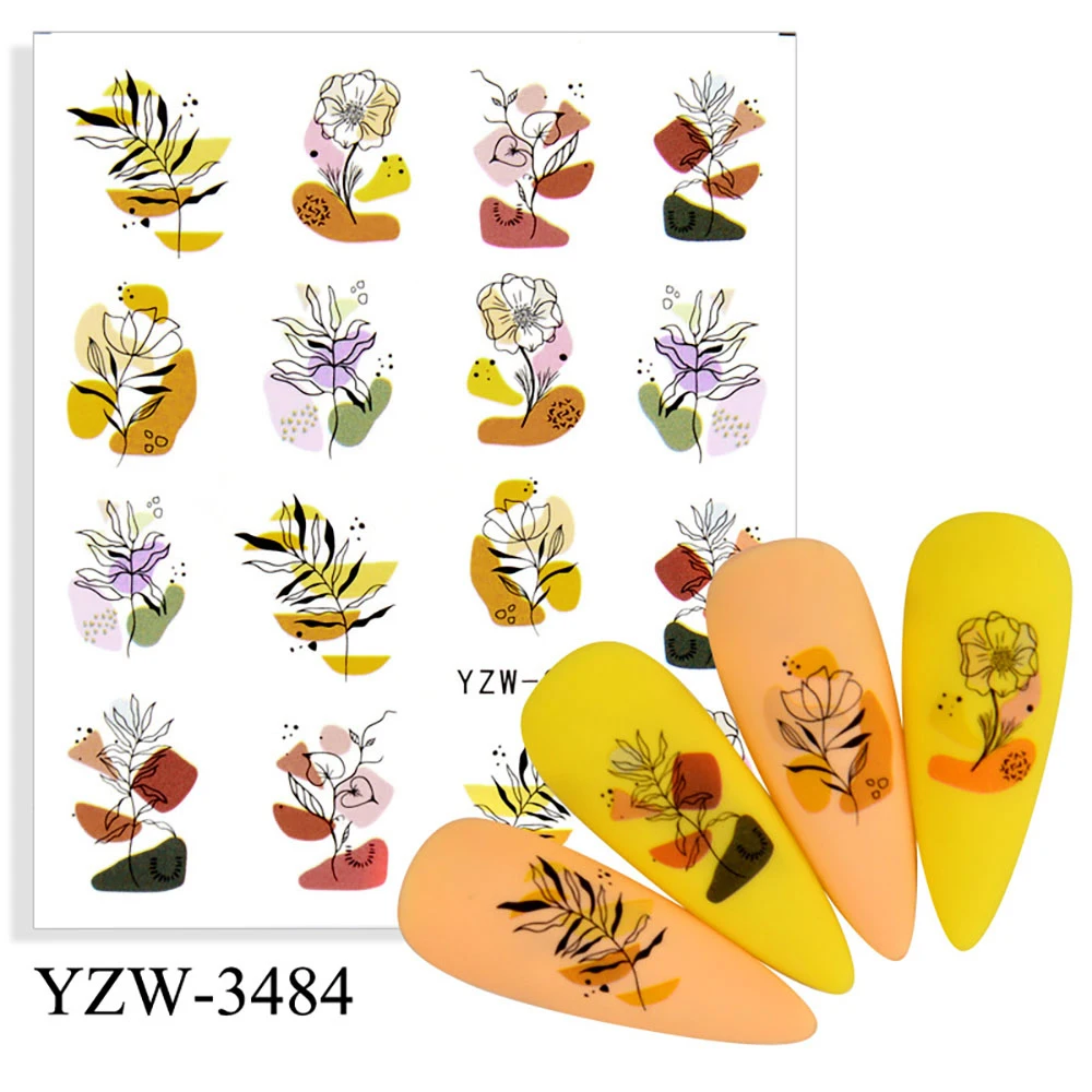Colorful Face Flower Stickers Nail Stickers Transfer Nails Water Decal Nail Decals Leaf Sticker Series Watermark Nails Geometric
