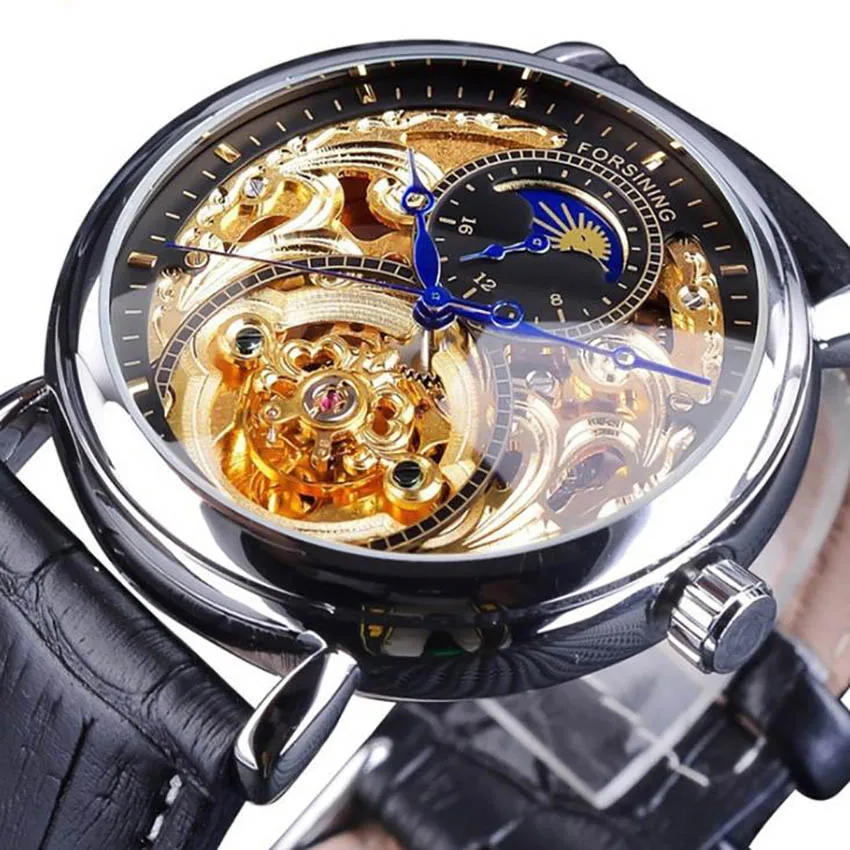 

Black Gold Men Mechanical Watch Montre Homme Man Watches Top Brand Luxury Leather Skeleton Design relogio masculino Christmas