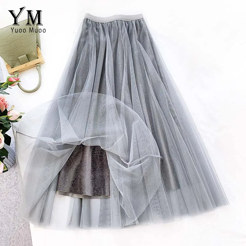 YuooMuoo Роскошная Женская Блестящая бархатная сетчатая юбка осень зима Высокая талия синяя модная плиссированная юбка Дамская длинная юбка - Цвет: Серый