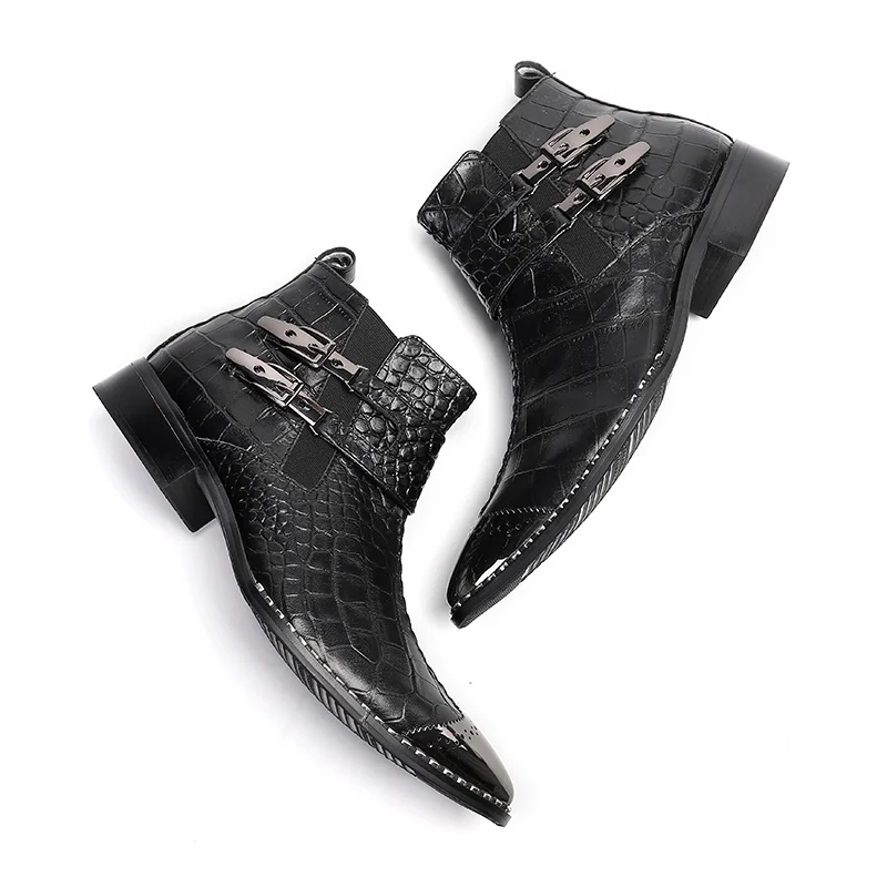 Genuine Leather Ankle Boots Black Business Leisure Party High Top Men Shoes Trendy Buckle Sewing Design Casual Short Boots 37-46