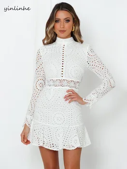 

yinlinhe Floral Embroidery White Dress Women Long Sleeve hollow out Spring Autumn Dress Cotton o neck Elegant party Vestido 1246