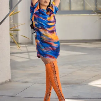 

Summer New Fashion Women Lady's Casual Short Sleeve Gradient Tie-dye Printed Loose Mini Dress Wholesale Free Ship платье Z4