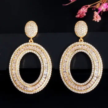 

Zircons Full Cubic Zirconia Paved Glitter Yellow Gold Color Round Dangle Drop Earrings for Women Bridal Wedding Jewelry