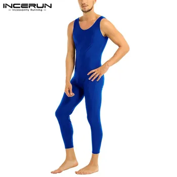 

INCERUN Fitness Sexy Nightgown Man Rompers Sleepwear Mens Solid Jumpsuit Sleepwear Sleeveless Round Neck Onesies Homewear S-5XL