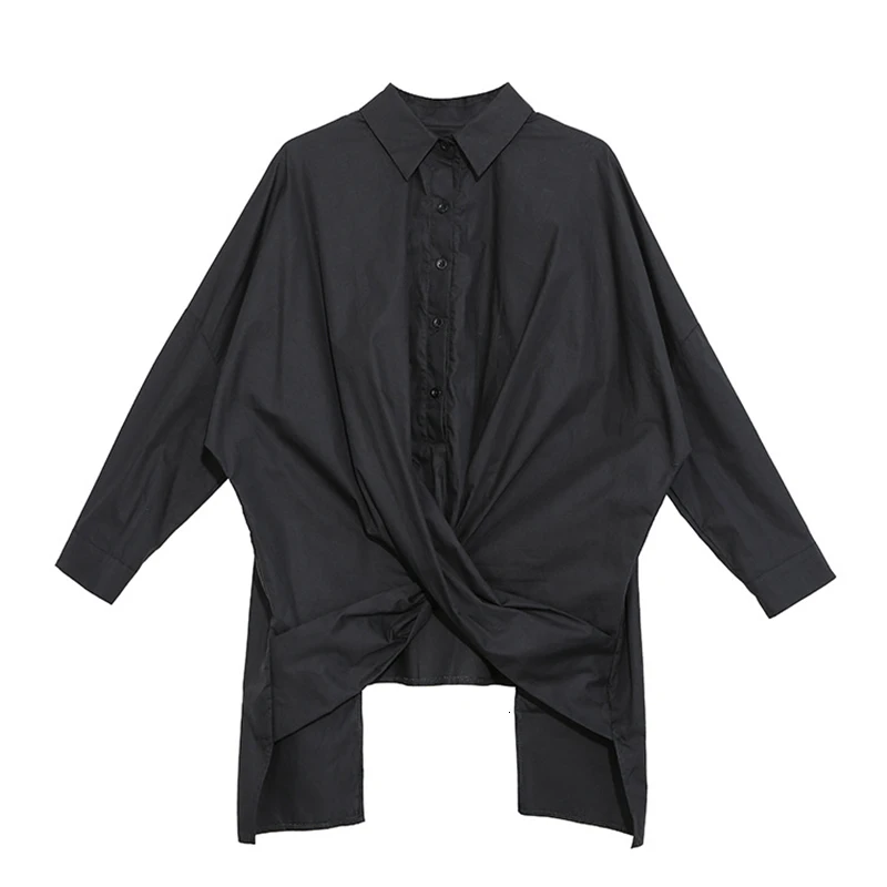 [EAM] Женская Черная Асимметричная блуза большого размера, новая свободная рубашка с отворотом и длинным рукавом, модная весенняя Осенняя 1N190