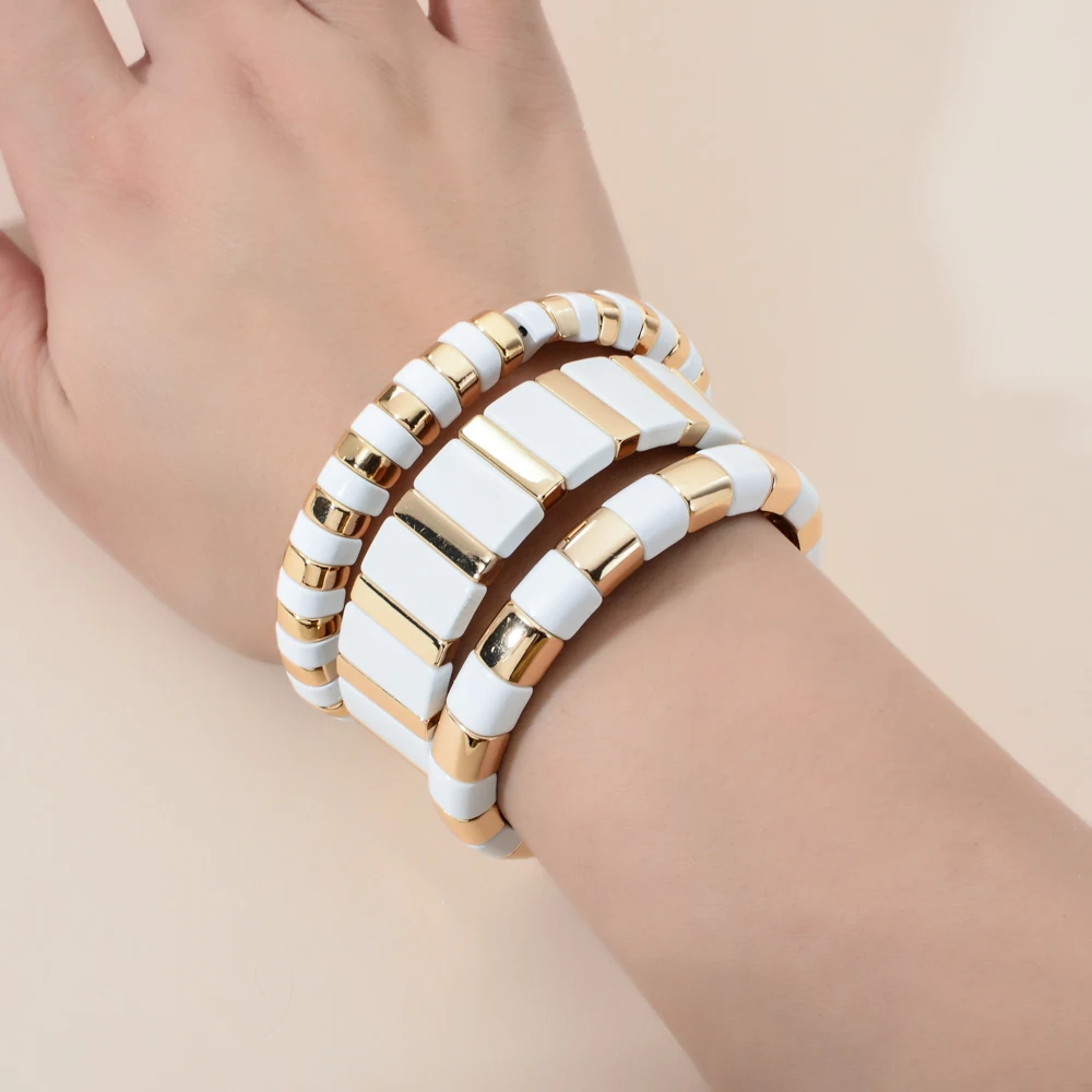 Enamel Metal Bohemian Tile Bracelet Stackable Stretch Bracelets Men Women Bracelet Jewelry