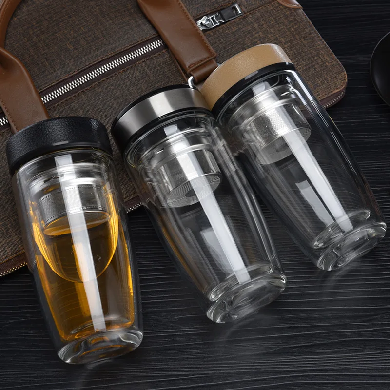 

Business Type Glass Water Bottle Office Leakproof Double Wall Glass Tea Coffee Cup With Tea Infuser Filter Sport Water Tumbler