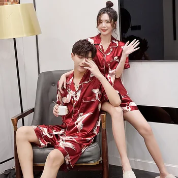 

Print Lovers' Pajamas Suit Casual Satin Women Sexy Pijamas Nightwear Silky Intimate Sleepwear Short Sleeve 2PCS Shirt&Shorts