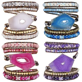 

SUNYIK Wrap Bracelets Onyx Beads Bohemian Woven Leather Friendship Bangle,Healing Geode Onyx Slices Stone Jewelry for Women