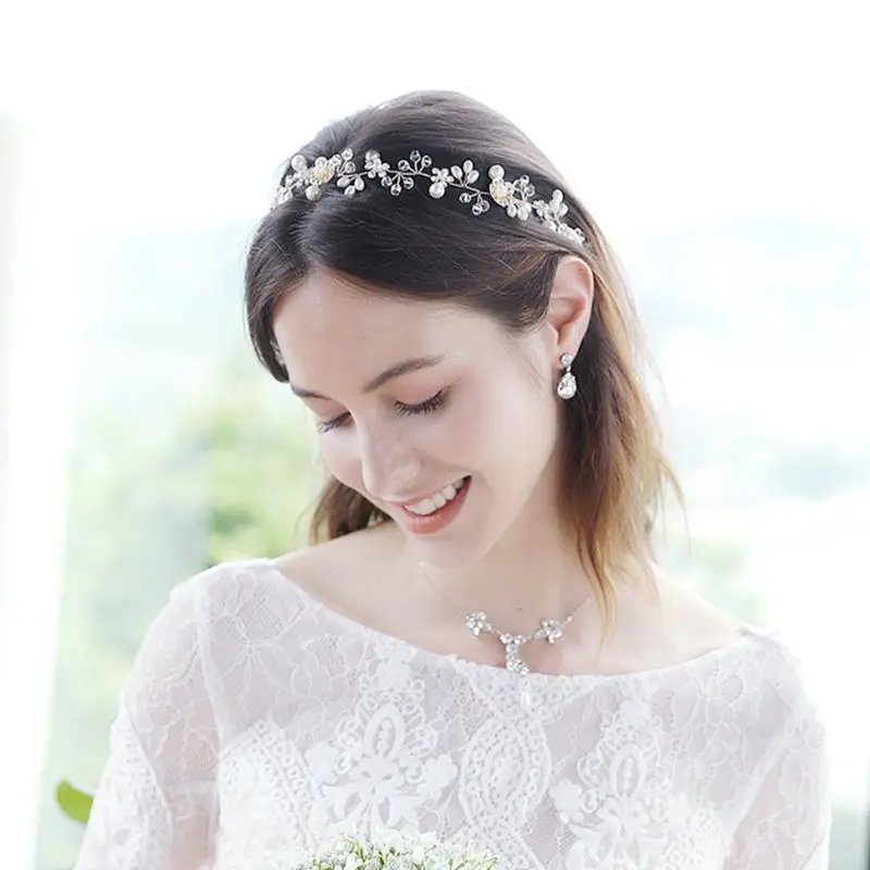 Handmade Boho Bridal Bridesmaid Headband Faux Pearl Crystal Flower Alloy Vine Headwear Retro Rustic Jewelry Wedding Hairband