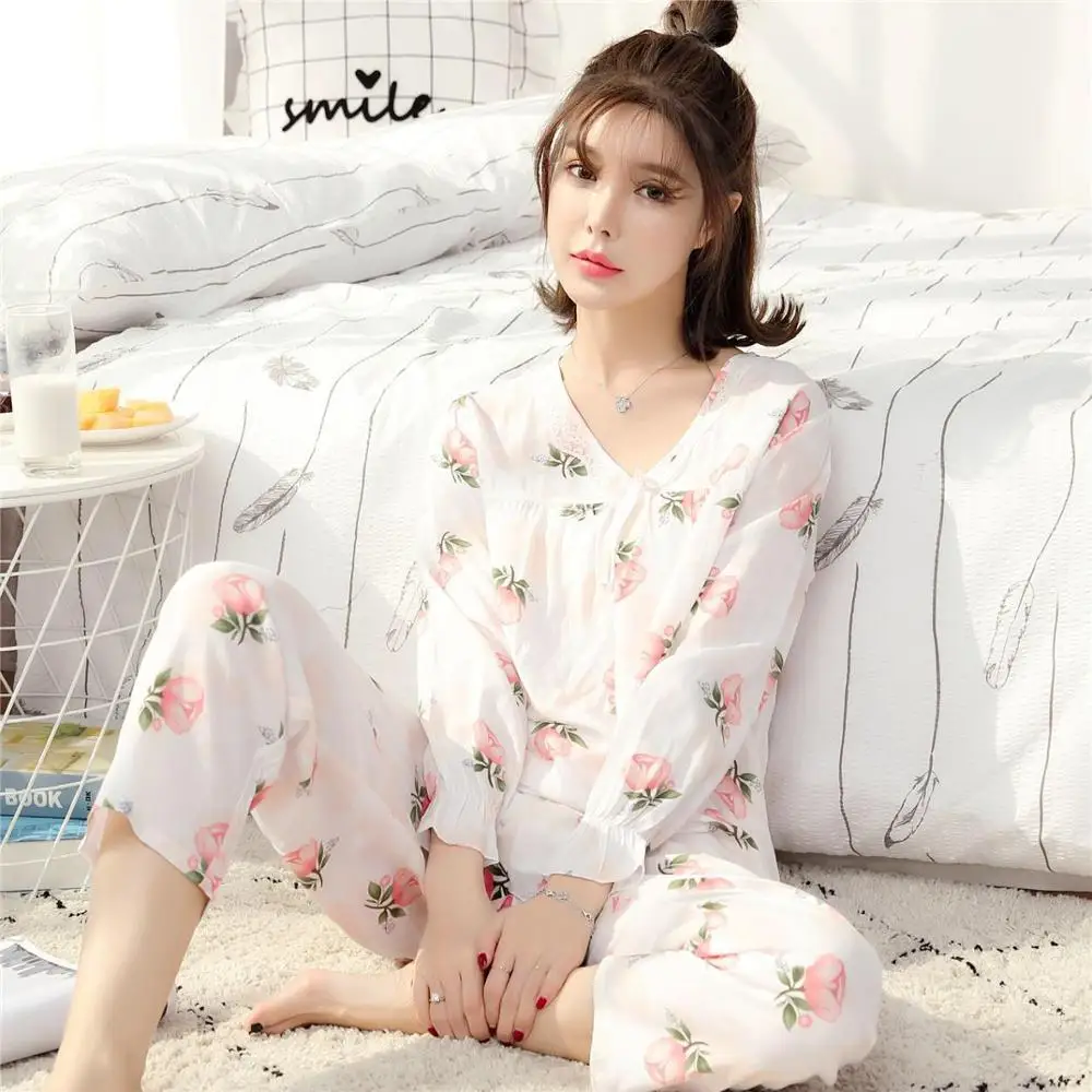 

Women Pajamas Sets Spring cotton silk pyjamas two-piece suit long-sleeved trousers home service multicolor pajama set sleepwear
