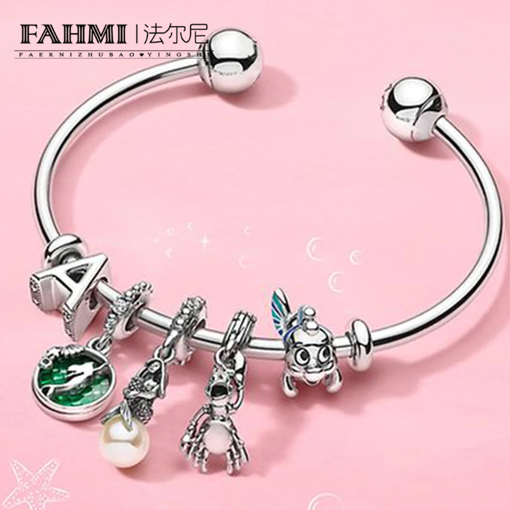 

FAHMI 100% 925 Sterling Silver Mermaid Flounder Little Dinosaur Charm Bangle Bracelet Set Opening Adjustable 2019 Autumn New