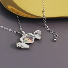 

Heart Locket Pendant Personalized Photo Necklace Engraved Message Customized Wing Memory Rhinestone Lover Couple Girlfriend Gift