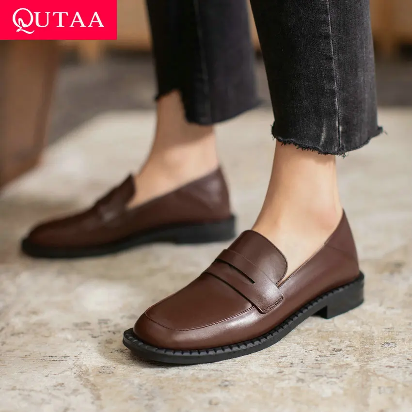 Square Heel Ladies Shoes Women Pumps QUTAA Big-Size Genuine-Leather Casual Round 34-43