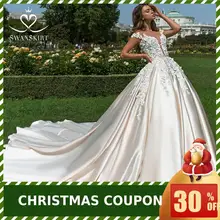 Свадебное платье с объемными цветами и аппликацией; роскошное бальное платье-лебедка; милое атласное платье невесты; платье принцессы; Vestido de Noiva; F196