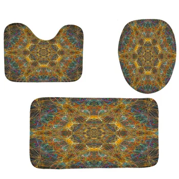 

4Pcs Home Bathroom Decor Set Yellow Mandala Pattern Toilet Seat Cover Bath Mat Set+ Waterproof Shower Curtain