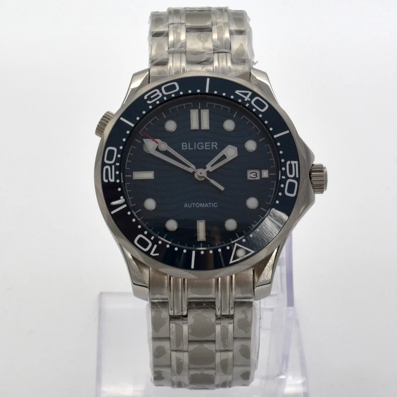 

luxury Bliger 41mm mechanical watch men waterproof blue dial date bright ceramic bezel stainless steel bracelet Auto wrist