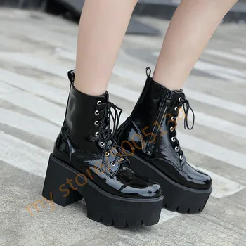 

Autumn 2019 Faux Patent Leather Military Combat Boots for Women Black Lace Up Cross Tied Gothic Punk Platform Shoes