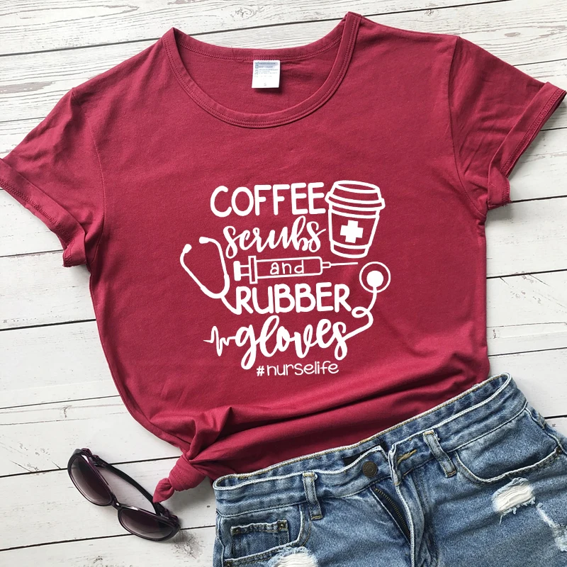 Funny Doctor Nurse Cute V-Neck T-Shirt for Women Coffee Rubber Gloves Scrubs