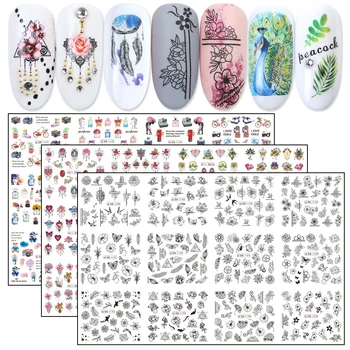 

12pcs Nail Art Transfer Decals Water Stickers Colorful Nail Jewelry Flower Animal Black Sliders Manicure Tattoos JIBN1129-1212