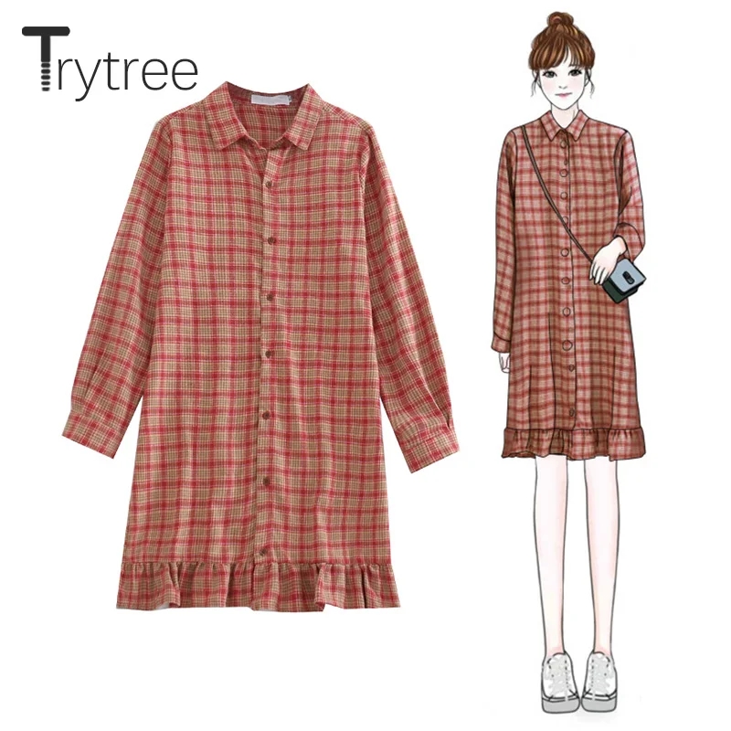 Trytree/осеннее женское повседневное клетчатое платье-рубашка с отложным
