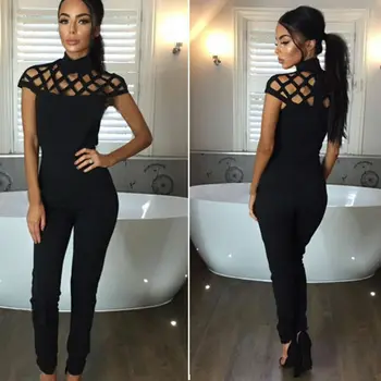 

2019 Womens Hollow Playsuit Bandage Bodycon Party Jumpsuit Romper Trousers Evening Fashion mesh jumpsuit Suit casual Tracksuits