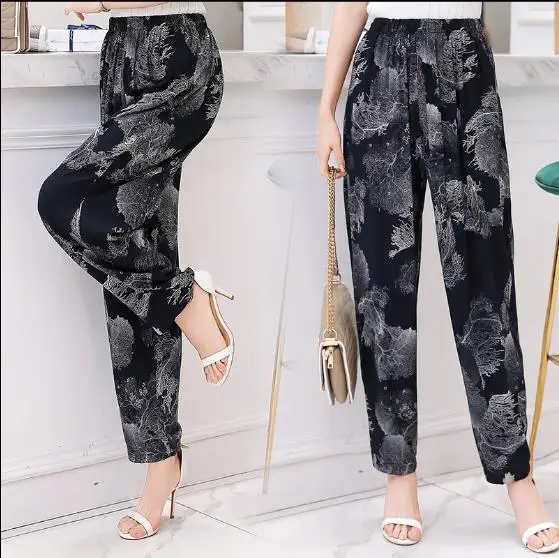 Новые летние женские брюки в винтажном стиле с эластичной резинкой на талии с цветочным принтом элегантные женские повседневные широкие брюки размера плюс XL-5XL LJ665