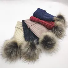 Зимняя женская повседневная шерстяная вязаная шапка в полоску Skullies, женская теплая вязаная шапка с помпонами из натурального меха Gorros