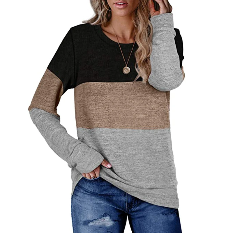

2020 Women Hoodies Fashion Long Sleeve Color Block Top O Neck Pullover Top for Ladies Female Sweatshirts Autumn Hoodies