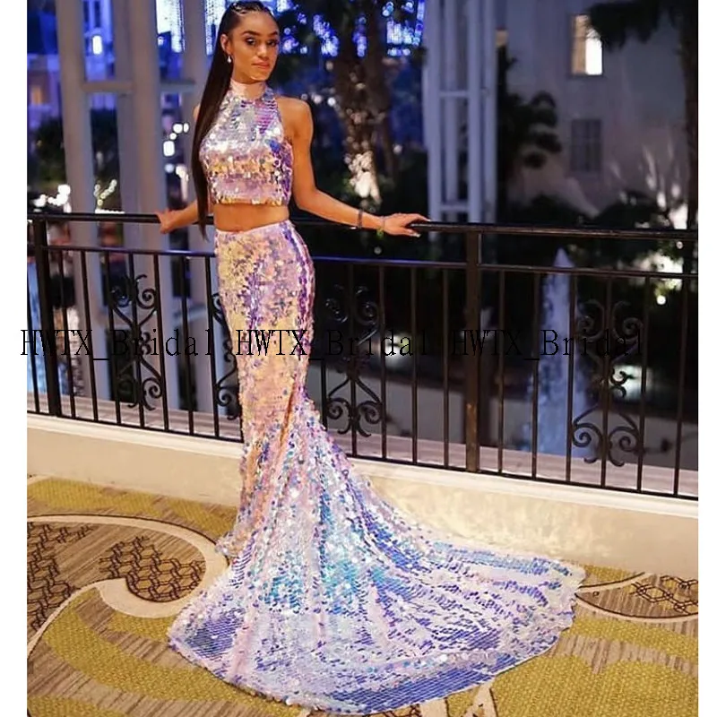 

Colorful Sequin Mermaid Prom Dresses 2020 New Two Pieces Long Crop Top African Black Girl Prom Party Gown 2K20 Vestido de festa