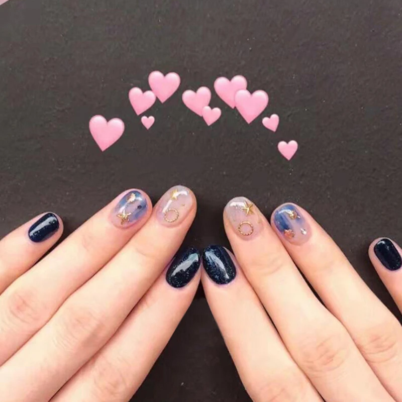 HOT 24pcs Blue Fnished Nail Art False Nails Full Cover Fake Nails Artificial French Shinning Surface Navy Faux Ongles With Glue