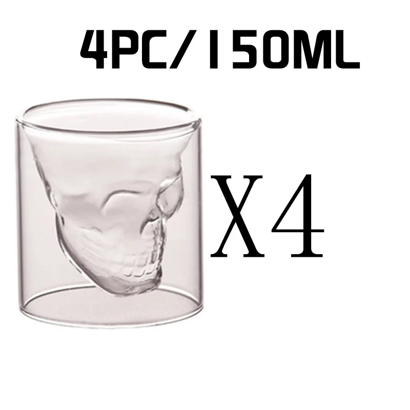 4 шт Череп Кофе Молоко чай чашка двойное прозрачное стекло пиво, вино, виски, водка Очки многоразовые изолированные стакан барные аксессуары - Цвет: 4PC glass-150ML