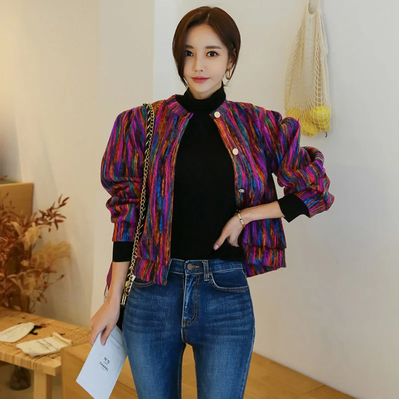 

Korea Autumn Women Fashion Cashmere Colorful Bomber Jacket Print Single-Breasted Basic Short Jackets Coat Long Sleeve Outerwear