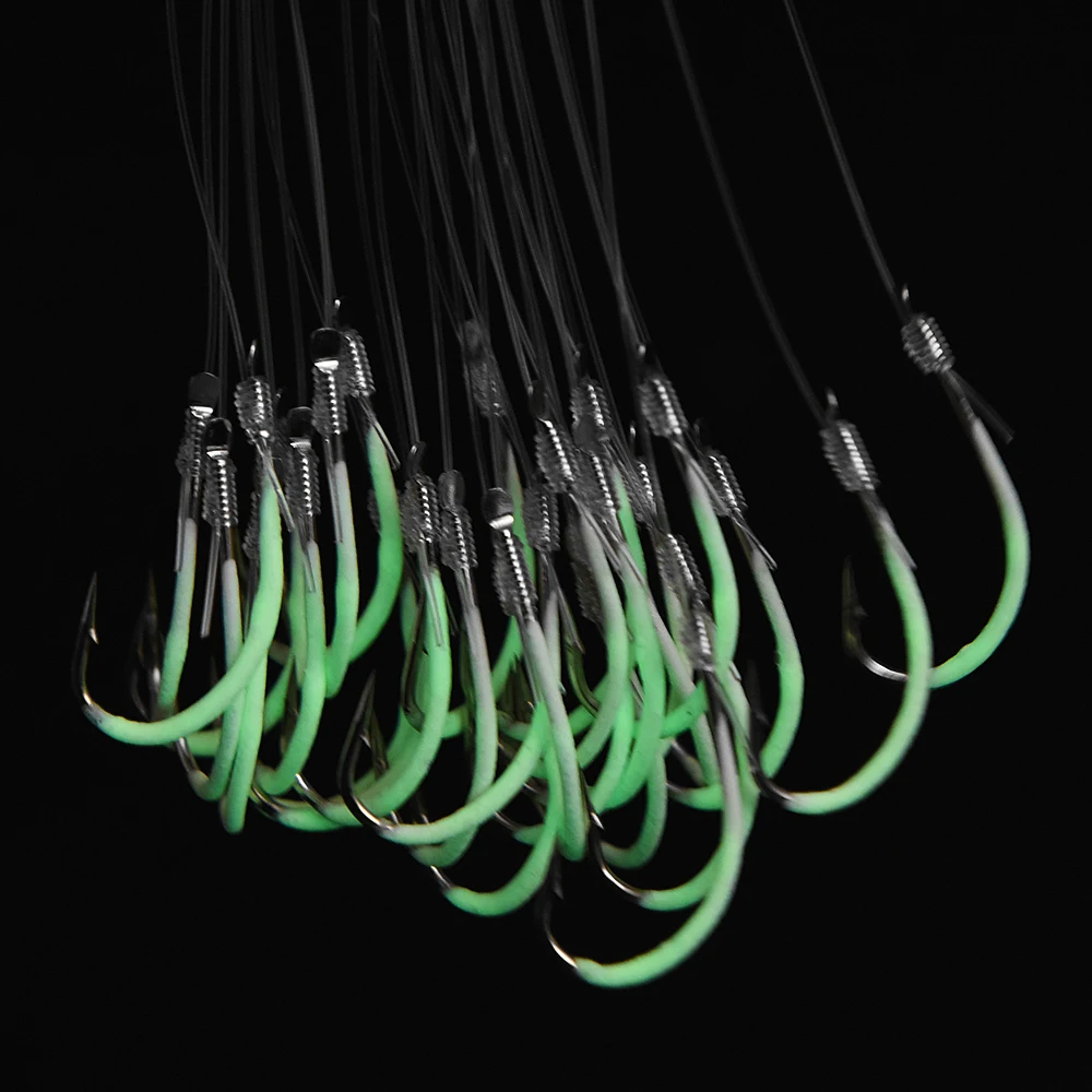 12-28# Luminous Fishing Hooks with Line Barbed Hooks Fishing Tackle Accessories Steel Fishing Hooks 15/20/30PCS