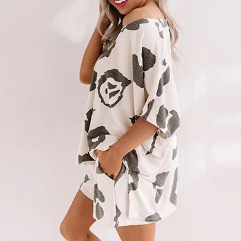 

Sleepwear V Neck Sweet Short Sleeve Summer Women Pajamas Set Pullover Shirt Shorts Drawstring Nightdress Tie Dye Printed Soft