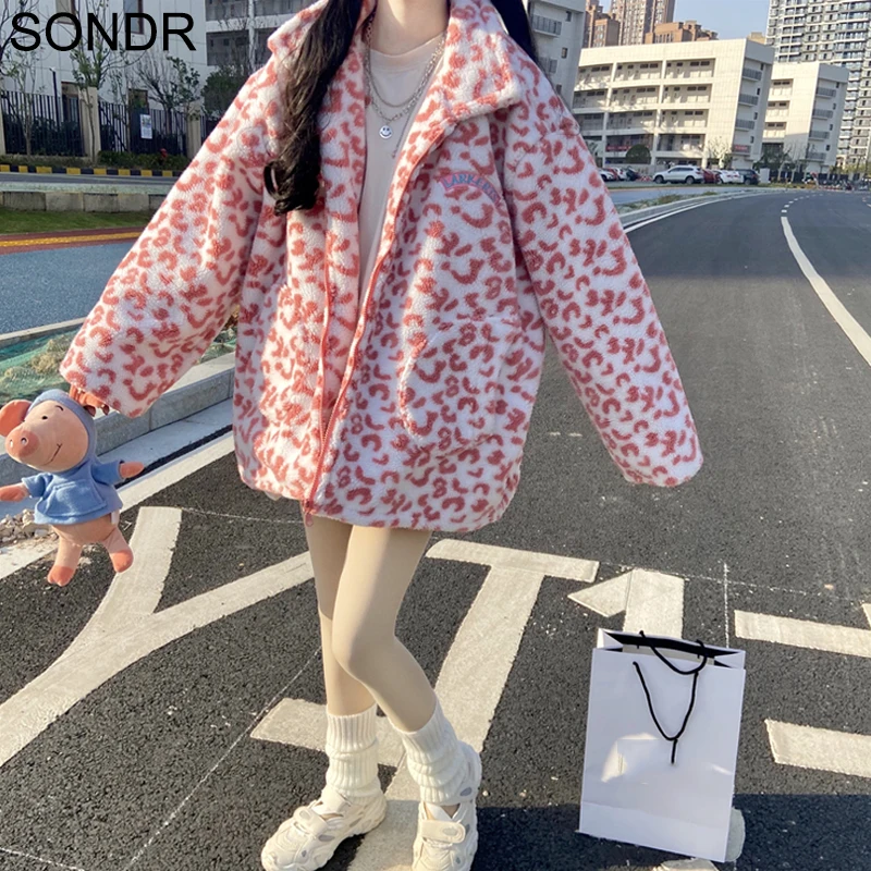 

Kawaii Cute Winter Warm Coat Women New Ins Pink Leopard Print Zip Up Jacket Girls Loose Thin Cardigan Teddy Jackets Outerwear