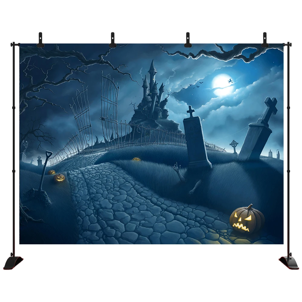 

Halloween Mysterious misty full moon flying witch castle background Photography Background Portrait Studio Props