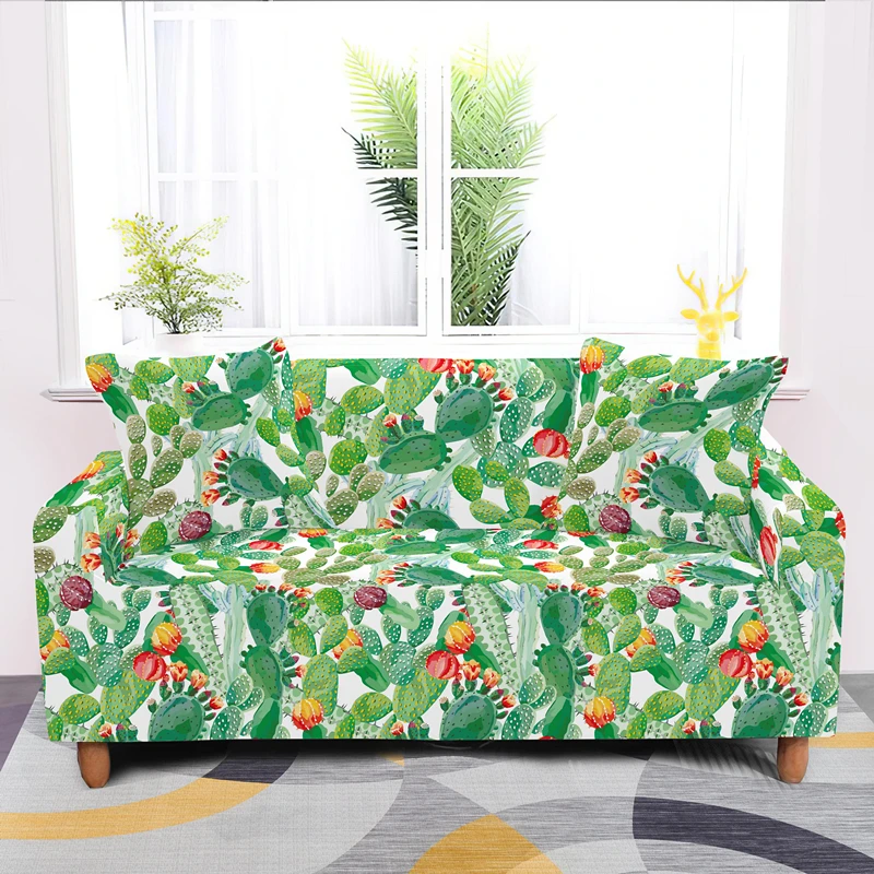 

Cactus Leaves Stretch Slipcover Slip-resistant Elastic Flowers Print Sofa Cover Removable Washable Couch Covers 1/2/3/4 Seater