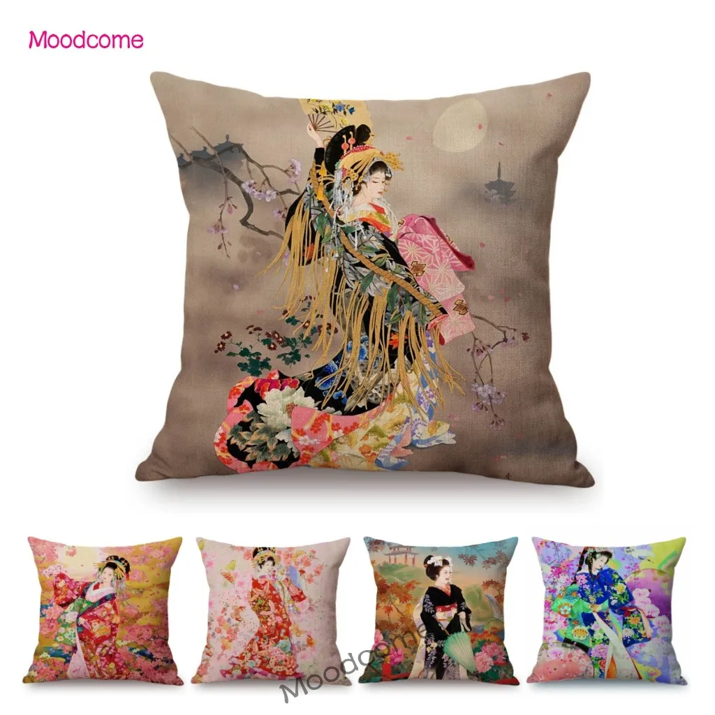 

Beautiful Pretty Japanese Geisha Cartoon Traditional kimono Girl Floral Cotton Linen Sofa Pillow Case Home Decor Cushion Cover