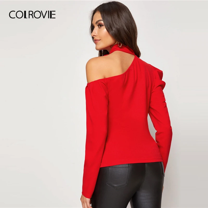 COLROVIE, Красный Асимметричный топ с вырезом и узлом, Женский Топ с пышными рукавами, стильные женские топы, осенние элегантные сексуальные футболки