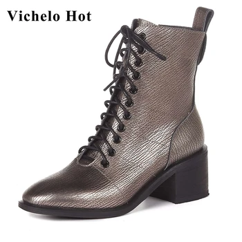 

Vichelo Hot 2020 winter shoes women keep warm genuine leather round toe high heels cross-tied handsome lady mid-calf boots L7f4