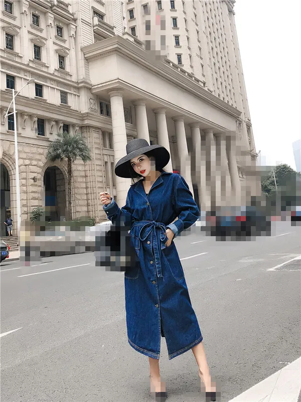 

G1272 new spring autumn 2019 women fashion casual Korean version lapel loose wear long style denim jackets coat cheap wholesale